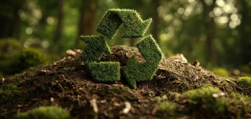 the recycling symbol made of moss on a tranquil forest floor photo the recycling symbol made of moss on a tranquil forest floor photo